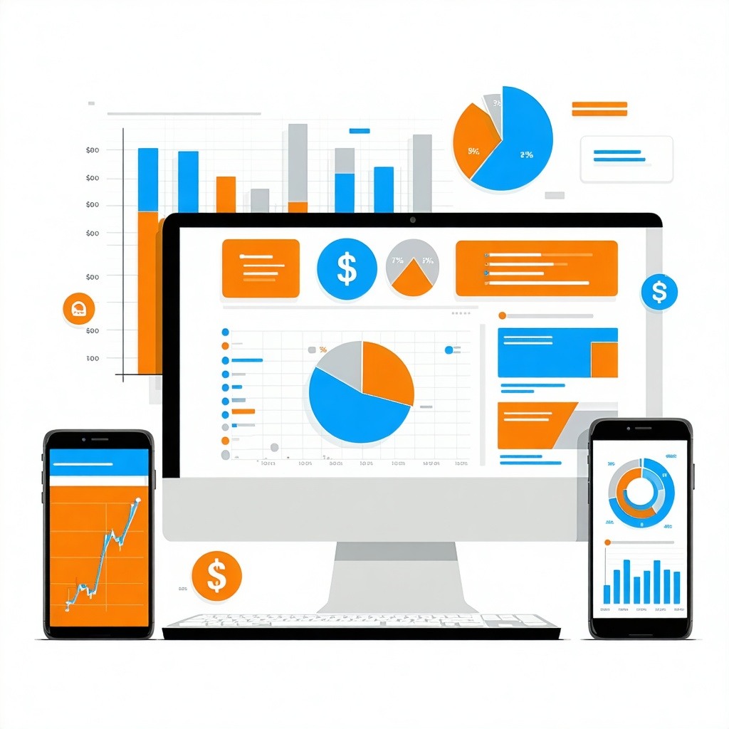 Reports and marketing items charts money signs bar graphs make the use of the color orange blue and greyshave a monitor and cellphone with these reports on them Make it have a white background