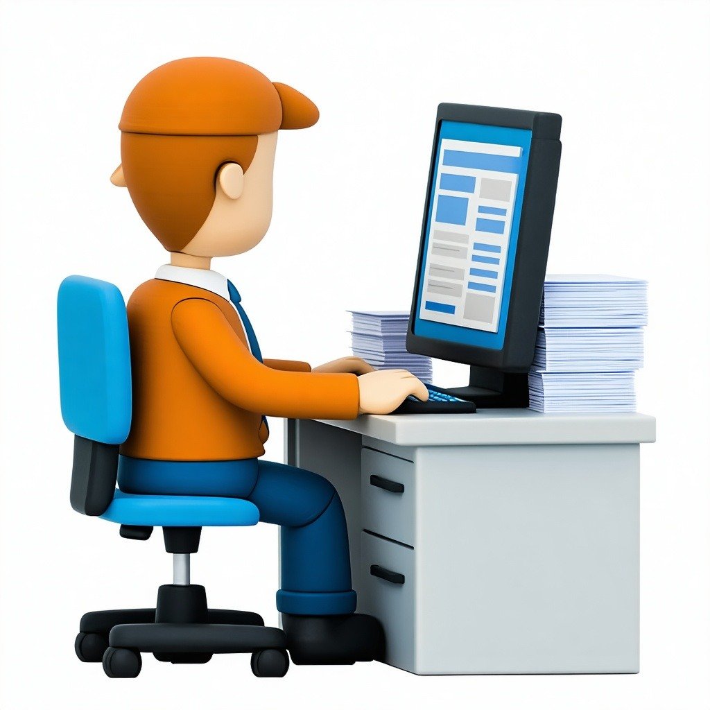 a cartoonish person working on a computer at an office desk The person is wearing orange and blue suit clothing and is working at a desk with stacks of paperwork on the desk Person looks like he is working hard for his clients The background is trans